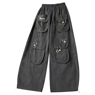 hiphop潮牌美式工装裤女酷飒风宽松阔腿伞兵运动休闲爵士街舞裤子