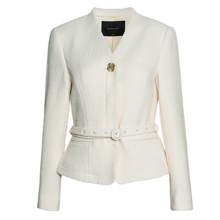 罗衣独特超好看系带修身V领短款外套女早春精致知性米色上衣12831