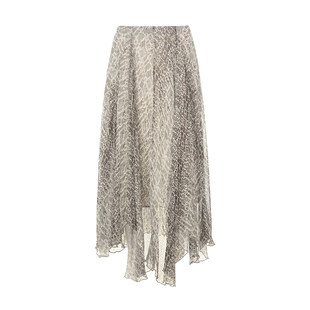 wana try薄纱不对称飘逸印花中长裙2025夏季新品灰绿色休闲半裙女