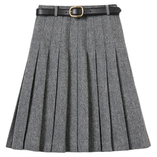 self-portrait 2026早春新款灰混色人字纹可调节开衩百褶裙半身裙