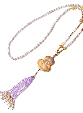 新宋锦葫芦珍珠水晶流苏吊坠项链