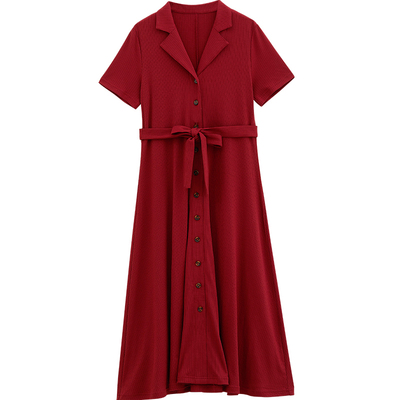 时尚优雅衬衫领系带修身连衣裙