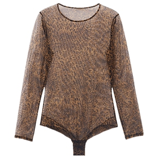 Intimissimi意舒漫性感豹纹印花薄纱拼接长袖连体衣BO2561B