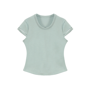 吴童童 绿色修身正肩短袖T恤女夏季新款韩系设计感收腰短款上衣