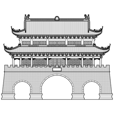 仿古城楼cad 毕节天河古城中式三层重檐斗拱歇山顶混凝土结构城门