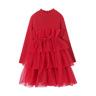 女童红色连衣裙冬2026新款拜年服儿童针织毛衣裙子新年衣服童装女