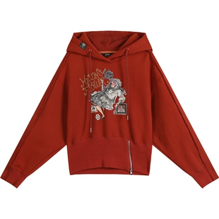 妖精的口袋美式复古印花连帽卫衣女2025冬新款小个子红色短款上衣