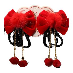 儿童新年红色发夹蝴蝶结发饰古风过年头饰中国风女童汉服假发发饰