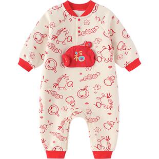 巴拉巴拉宝宝连体衣婴儿红色拜年服秋冬季新款男童女童加绒哈衣厚