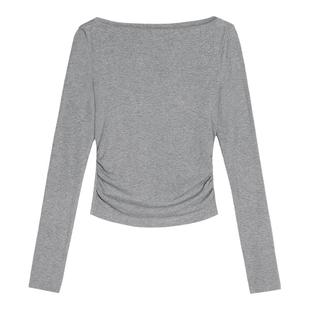 MULVAN  一字肩长袖T恤女修身气质短款甜辣小心机露肩针织上衣