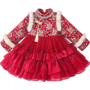 米米哈罗女童拜年服冬2025新款儿童国风加绒连衣裙女孩唐装公主裙