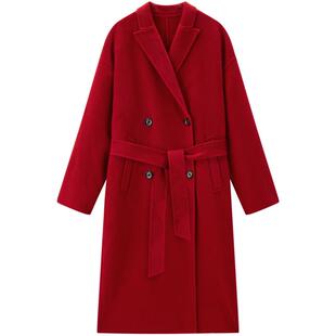 太平鸟甄毛系列经典浴袍式大衣假日仪式感战袍全羊毛大衣女红色