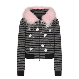 BETWEENAND“鼠鼠我啊”冬季条纹闪粉印星星烫珠粉色毛领卫衣新款