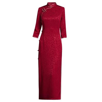 喜庆婚礼复古长款酒红旗袍免烫