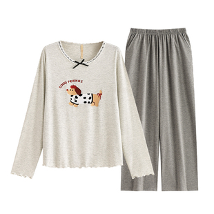 家乐芬睡衣女士春秋款纯棉长袖家居服大码阔腿卡通腊肠狗可爱套头