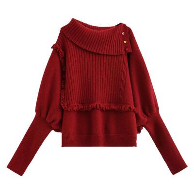 森女部落甜美风设计感翻领宽松显瘦套头针织衫女新款显白红色毛衣