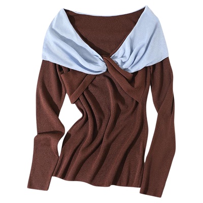 大于诗集 可露丽配色 法式扭结大V领毛衣女一字肩拼色修身针织衫