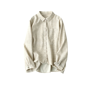 秋季亚麻纯色长袖衬衫文艺女装上衣基本款开衫原生质朴麻布衬衣