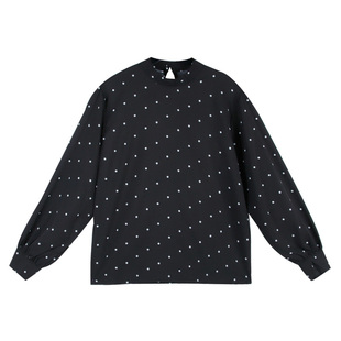 现货韩国ins法式复古黑白小波点半高领宽松泡泡袖打底衬衫上衣女