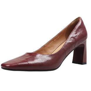 【律政佳人】牛皮小方头粗跟高跟鞋女真皮浅口单鞋气质通勤女鞋