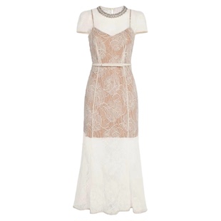 法式富家千金穿搭盘花蕾丝圆领短袖长款连衣裙今年流行的漂亮裙子