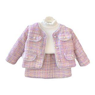 女童小香风套装秋冬季2025新款儿童短款夹棉上衣宝宝半身裙两件套