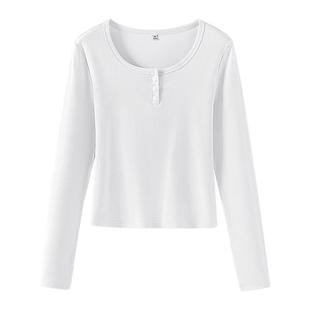 班尼路白色U领修身长袖t恤女春季新款亲肤上衣女显瘦百搭打底衫Q