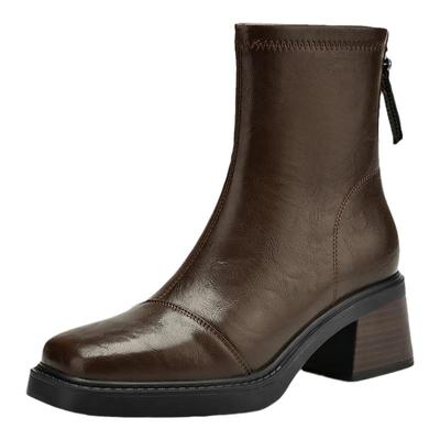 达芙妮高跟小短靴女方头瘦瘦棕色