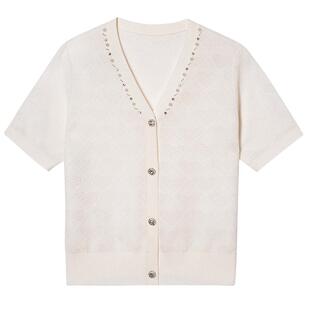 诗篇专选v领钉珠短袖薄款冰丝针织衫女休闲显瘦上衣2025夏季新款