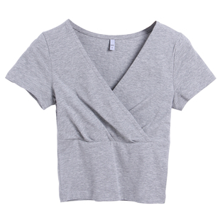 露脐高腰深v领上衣女短袖夏爵士舞漏肚脐紧身低胸夜店性感短款t恤