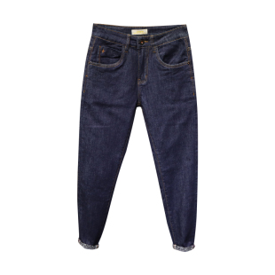 布冷布热四季深蓝色牛仔裤男商务工作高端全棉刺绣设计青年九分裤