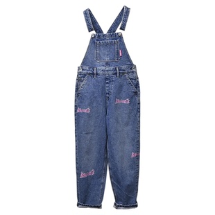 新款ABLEJEANS女士水洗牛仔裤背带连体裤阔腿宽松印花牛仔长裤潮