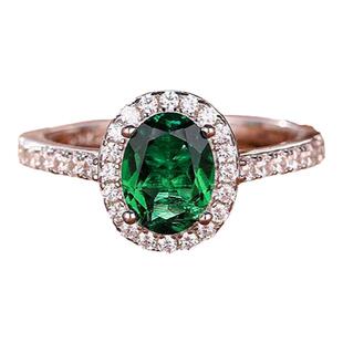 [SOOMI映月]925银椭圆围镶培育沃顿绿祖母绿宝石戒指经典日常女