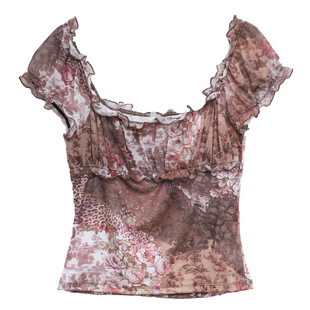 ohmyloli 古典主义印花网纱拼接松紧泡泡袖挂肩复古法式小衫