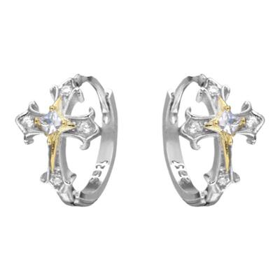 睡觉免摘925纯银十字架耳扣养耳洞原创设计撞色镶钻耳饰高级感