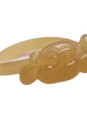 天然和田玉猴戒指 糖玉青白玉十二生肖猴指环 属龙三合戒圈