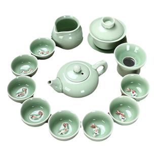 青瓷功夫茶具套装盖碗茶壶鲤鱼杯办公家用简约礼品泡茶两杯一壶