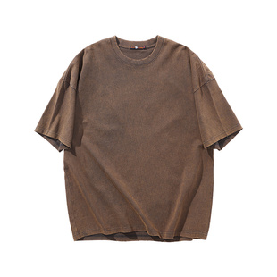 核爆炸复古磨烂炒盐做旧重磅全棉宽松落肩古铜色黑色蓝色短袖t恤
