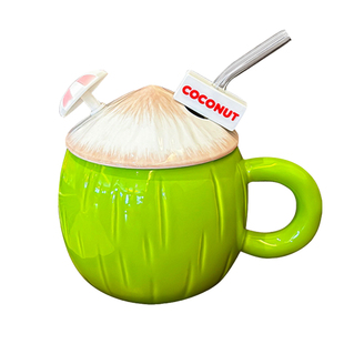 创意可爱陶瓷椰子水杯带盖吸管女生超萌马克杯夏天高颜值果汁杯子