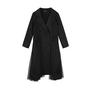 sdeer圣迪奥冬装女装休闲西装领网纱拼接中长款毛呢大衣S20481825