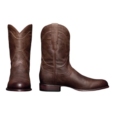 美国TECOVA油蜡羊皮本色刺绣圆头中筒骑马靴纯色复古西部牛仔靴男