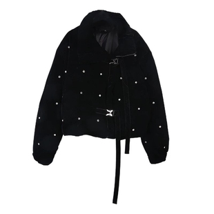 W花花家黑色丝绒白鸭绒外套女重工钉钻立领短款羽绒面包服Alice