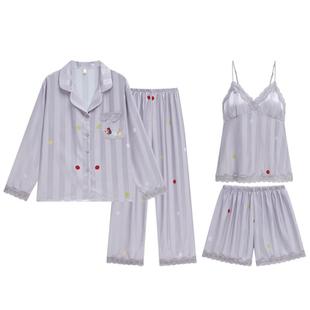 乐姿梦性感冰丝吊带短裤睡衣女夏季带胸垫四件套家居服长袖春秋装