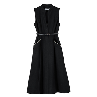 晚白秋冬新款绵羊毛气质立领收腰巨好看的冬装连衣裙【送腰带】