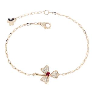 G18K玫瑰金天然鸽血红宝石钻石三叶草手链 时尚正品彩金手饰女款