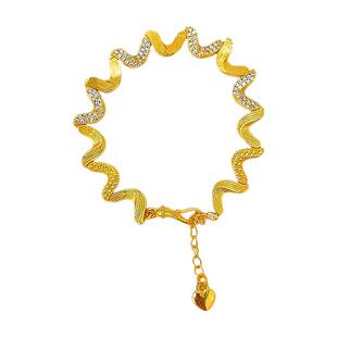 沙金拉丝镶钻波浪手链黄金色水波纹手链轻奢时尚镶钻绸缎拼接手链