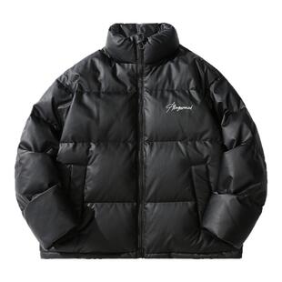 ALLIN 黑色鸭绒立领面包羽绒服男款冬季宽松轻薄保暖印花情侣外套