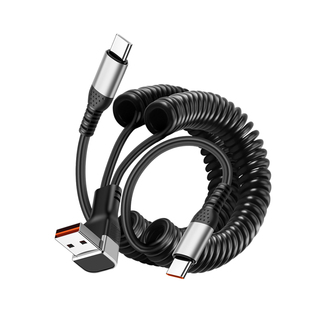 沐泽煜66W弹簧一分二快充数据线适用苹果15/16华为安卓typec车载多功能同时充电一拖二伸缩防冻充电线