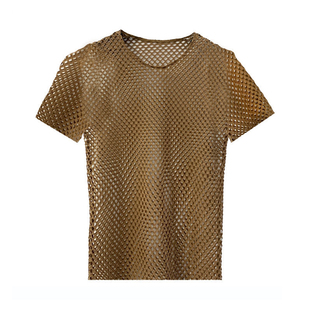 欧美夏季新品个性圆领镂空男T恤网眼渔网透气洞洞衫休闲男团罩衫
