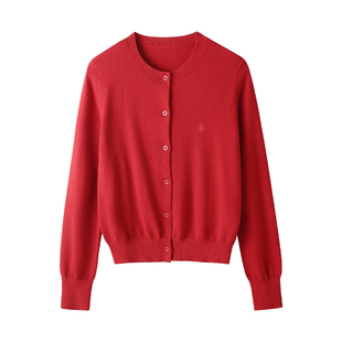 100%纯棉纯色极简风圆领开衫女红色纽扣针织衫百搭毛衣外套抗起球